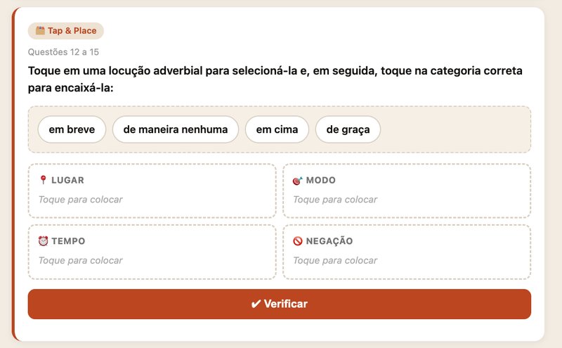 Exercício interativo de classificar locuções adverbiais em Lugar, Modo, Tempo e Negação