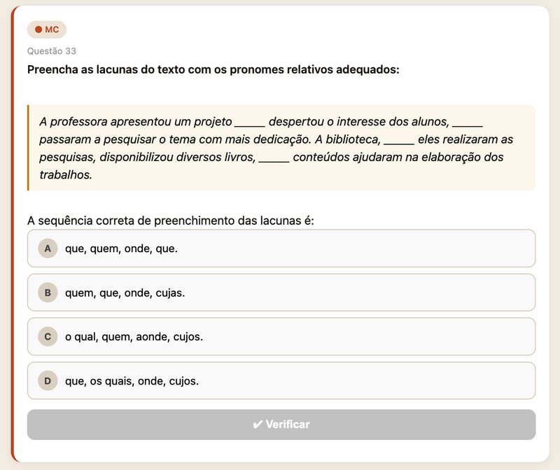 Questão de múltipla escolha sobre pronomes relativos preenchendo lacunas de um texto