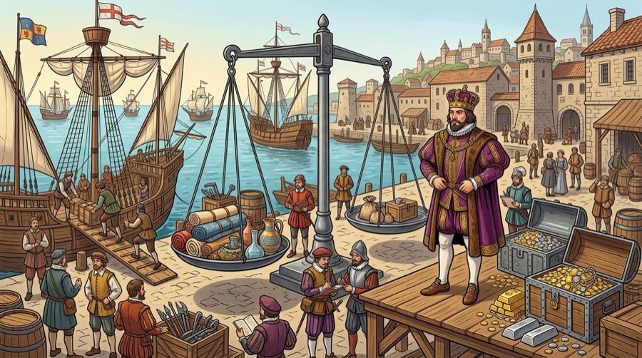 Ilustração do mercantilismo: porto com navios, balança pesando mercadorias e ouro, e baús de moedas diante de um governante.