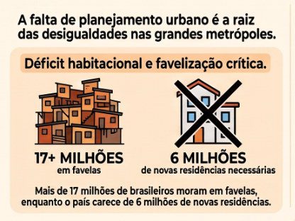Infográfico sobre déficit habitacional: mais de 17 milhões de brasileiros vivem em favelas e faltam 6 milhões de moradias.